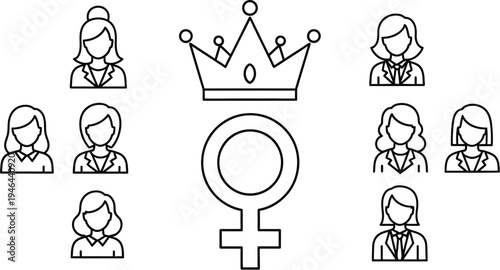 Female leadership concept showing a powerful queen figure surrounded by a diverse group of professional businesswomen icons