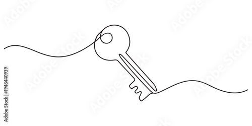 Continuous one line drawing of a house with a key, Set of keys against white background, Single line drawing symbol of house keys, Real estate line icon vector design, Key icon. Vector illustration