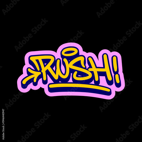 Rush Word Illustration in Sharp Yellow Graffiti Tag Style for Basketball Speed and Urban Competitive Branding.