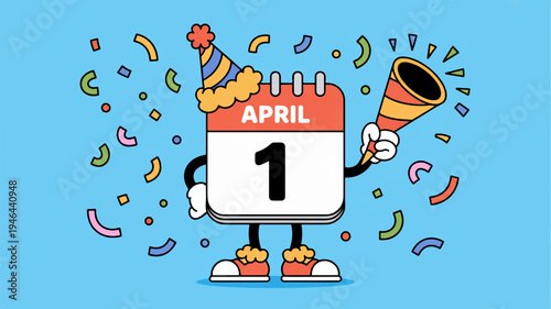 Cartoon calendar character celebrates april 1st with party hat and megaphone surrounded by colorful confetti on blue background