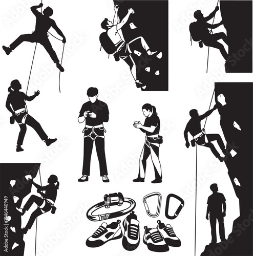 Set of 9 climbing vector icons, black silhouettes