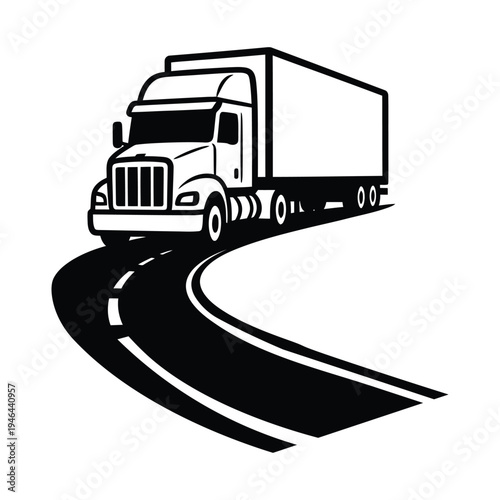 A large truck is driving down a curved road in a simple illustration