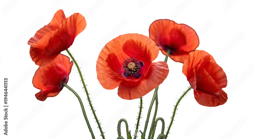 Obraz premium Vibrant Red Poppy Flowers Isolated on White Background - Elegant Blooming Wildflowers with Green Stems for Floral Design and Nature Projects.