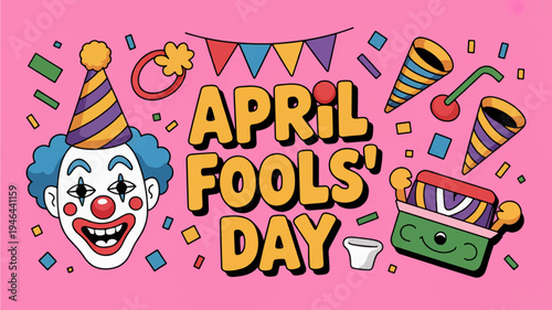 April fools' day celebration with clown and party elements on pink background