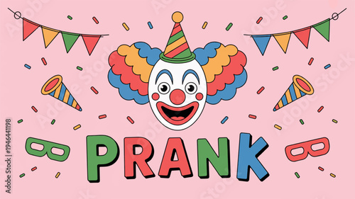 Colorful clown face with party elements and prank text on pink background for playful celebrations