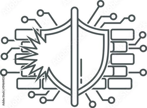 Cyber security shield protecting network from hacking attack vector illustration with circuit board background for data protection concept