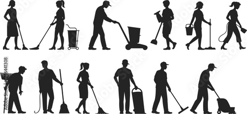 Cleaning workers silhouette illustration, janitorial staff activities, diverse housekeeping tasks, maintenance 