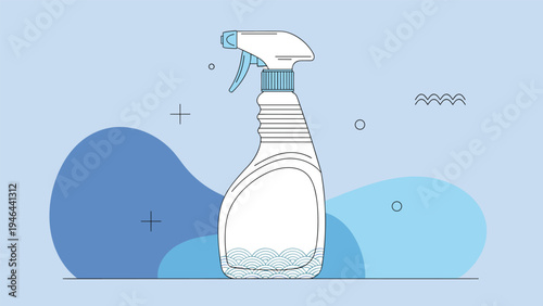 Cleaning spray bottle illustration with a blue trigger and fluid texture at the bottom on a blue abstract background.