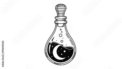 Glass bottle filled with a dark magical potion and a white crescent moon floating inside for mystical and occult themes.