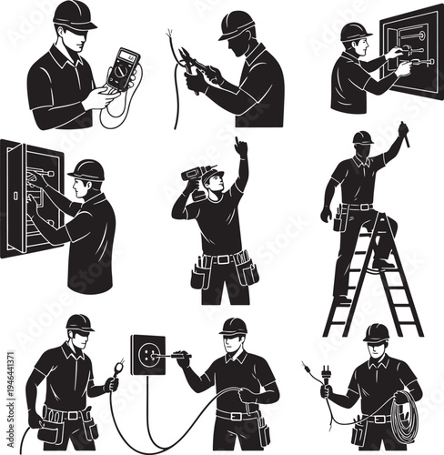 Set of 8 electrician worker icons vector