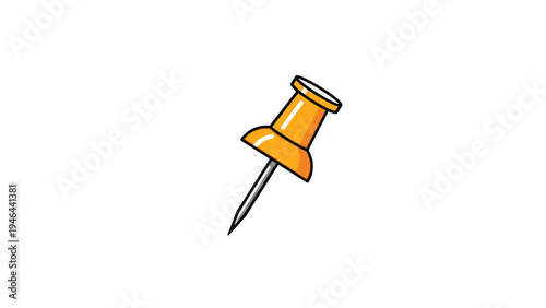 Simple flat illustration of a yellow push pin with a sharp metal point and shadows for office and organization concepts.