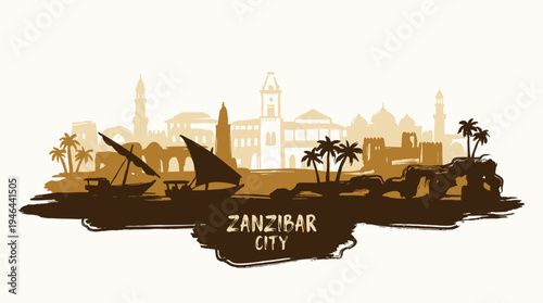 Silhouette of Zanzibar City skyline with traditional dhows and palm trees against a light background.