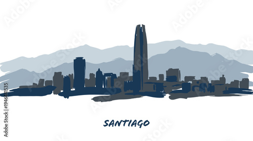A minimalist silhouette of the Santiago skyline, featuring the iconic Gran Torre Santiago skyscraper against a backdrop of layered mountains.