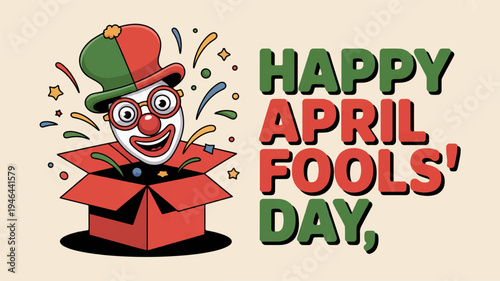 Playful clown emerging from a red gift box on april fools' day with colorful confetti