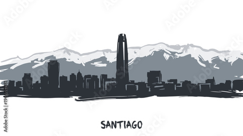 A stylized black and white illustration of the Santiago skyline with mountains in the background.