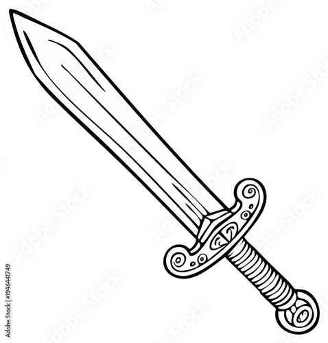 Ornate Sword Illustration Fantasy Warrior Weapon Outline, Coloring Book Lineart, Fighting Element, Weaponry.