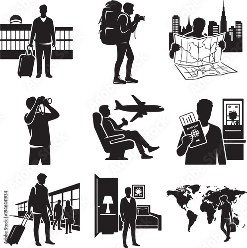 Set of 10 travel icons vector, black silhouette illustrations