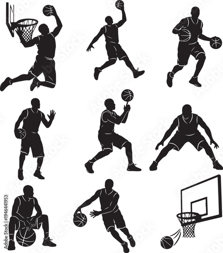 Set of 9 basketball player silhouettes vector
