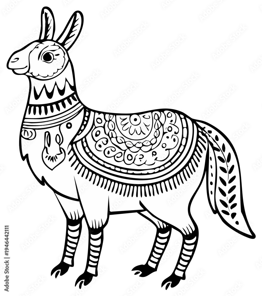 Fototapeta premium Whimsical stylized llama adorned with intricate ethnic patterns and decorative saddle