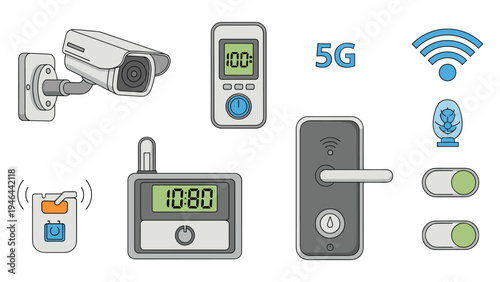 Set of smart home and modern technology icons including a security camera digital lock wifi signal 5g connectivity and smart switches.