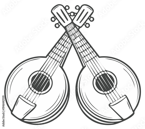 Two crossed vintage mandolins music instruments in outline style