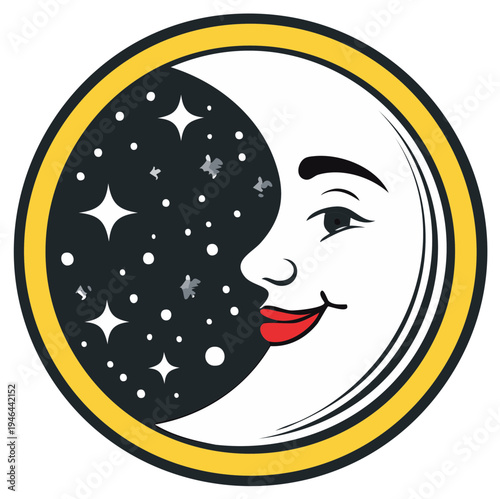 Smiling Moon Face surrounded by Stars with a Gold Border creating a cosmic feel in a retro cartoon style.