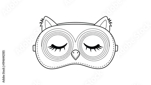 Detailed line art illustration of a sleep mask designed like an owl face with closed feathered eyes and a beak for relaxation and rest.