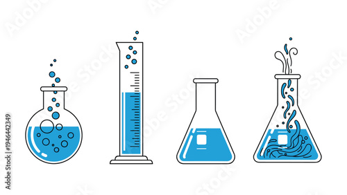 Set of four different laboratory glassware flasks containing bright blue liquid with bubbles representing chemical experiments or science.