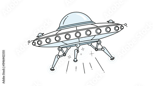 Stylized blue and white illustration of a ufo flying saucer spacecraft with landing gear extended and glowing light effects.