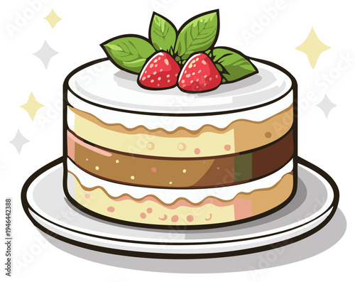 Delicate Layered Cake with Strawberries and Mint on a Plate Fresh Dessert Treat Illustration