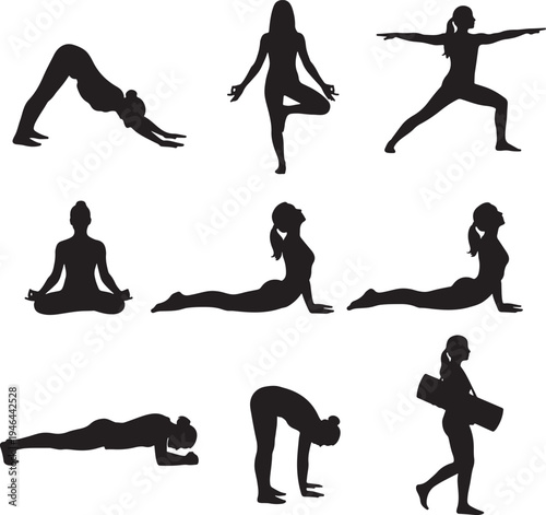 Set of 8 yoga poses silhouettes vector