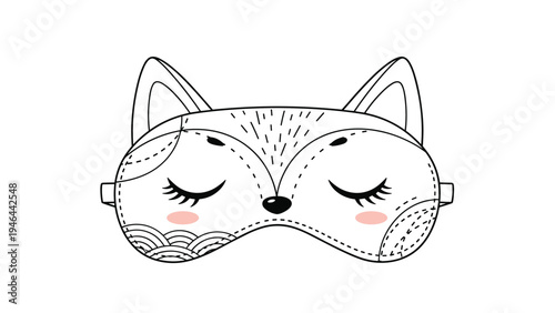 Detailed line art of a fox sleep mask with intricate fur patterns closed eyes and pink cheeks for a stylish and cozy rest accessory.
