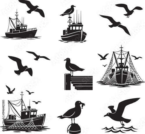 Set of 9 fishing boat and seagull icons vector