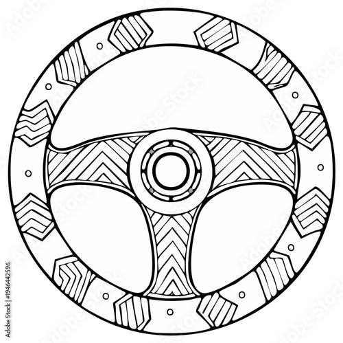 Intricate Line Art Illustration of a Steering Wheel