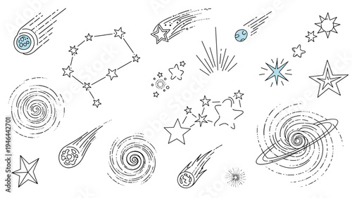 Collection of hand drawn space elements including comets stars constellations galaxies and glowing planetary rings on a white background.