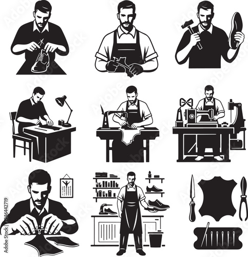 Set of 9 black and white cobbler icons vector