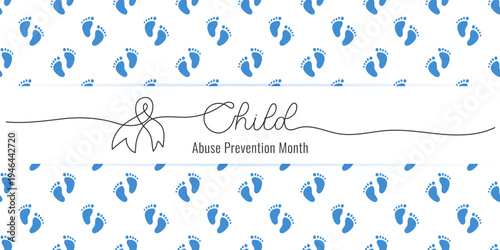 Child Abuse Prevention Month banner template. Blue Seamless pattern of children's footprints with hand drawn lettering. One line art typography and ribbon. April. Vector illustration in flat style.