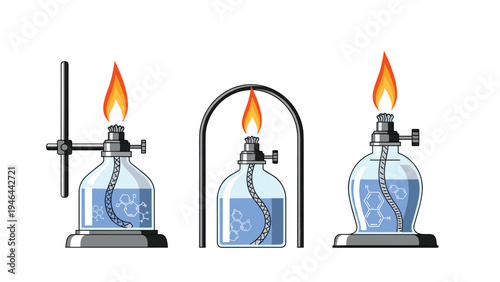 Set of three laboratory alcohol burners or spirit lamps with burning flames showing different glass shapes and metal supports for science.