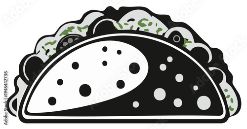 Stylized illustration of a loaded taco with contrasting black and white shell sections