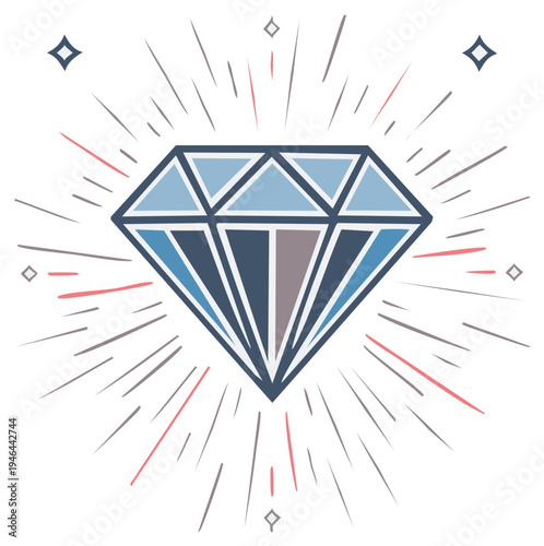 Stylized Diamond with Sunburst Radiating Pattern Sparkle Ornament, Gemstone Symbol, Jewelry Icon