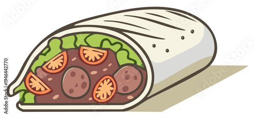 Delicious wrap with fillings including salad and tomatoes in cartoon drawing style