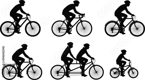 Cycling silhouettes, tandem bike, child rider, road bicycle, diverse cycling, biking activity, outdoor sport, healthy lifestyle, vector illustration, flavector