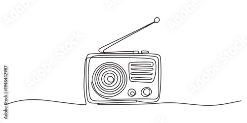Continuous one line drawing of retro radio player. Vintage radio player in single line draw illustration., One continuous line drawing of retro old classic radio player. Vintage analog