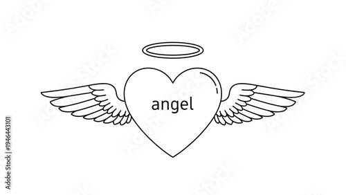 Winged heart with halo and word angel written inside in simple black and white line art symbolic illustration.