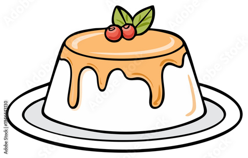 Panna Cotta dessert illustration with topping, cherries and basil leaves