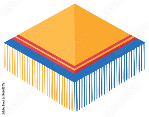 Colorful isometric serape blanket with fringe yellow blue red ethnic textile design cultural flat style
