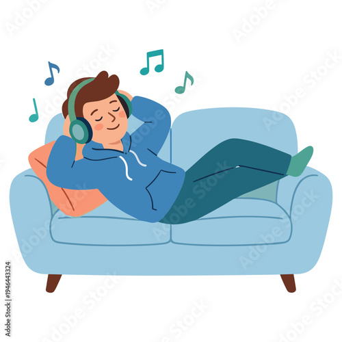Man relaxing on sofa listening to music with headphones