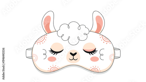 Cute llama sleeping mask for eyes with fluffy hair and colorful decorative patterns in hand drawn vector style.