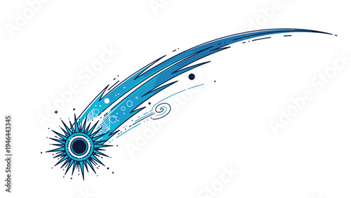 Colorful blue shooting star or comet with glowing trail and tail flying through space in decorative graphic style.