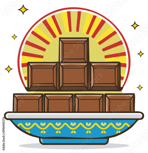Stacked chocolate bars on a decorative plate with a radiant yellow and red background